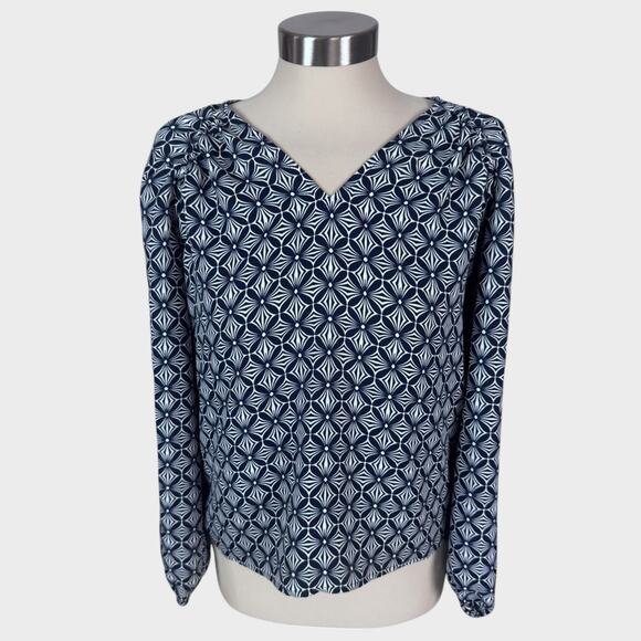 LOFT Petites XSP Blouse Navy Blue White Print Polyester - Picture 1 of 7